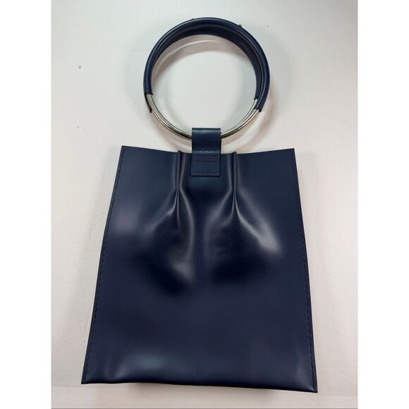 Klisab Handbags - KLISAB Blue Leather Ring Handle Tote Bag Minimalist Top Handle Purse Handmade